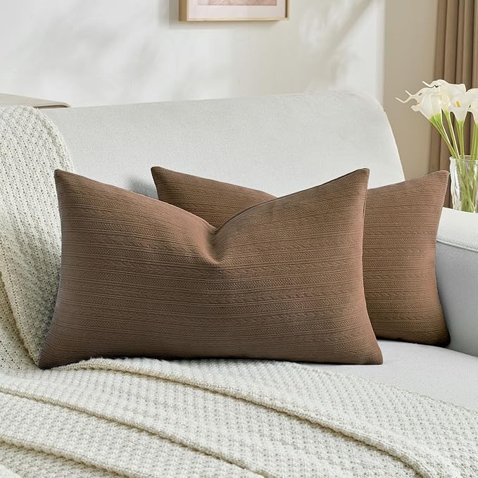 FUTEI Dark Brown Decorative Throw Pillow Covers 12x20 Inch Set of 2,Soft Cozy Wheat Ear Striped Patterns Lumbar Pillow Cases,Modern Home Decor for Couch Bed Living Room
