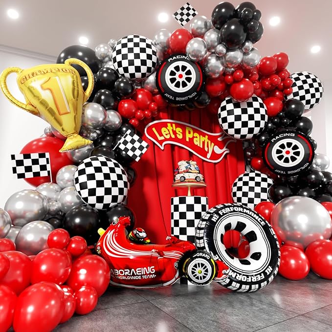 Race Car Balloons Arch Kit -Trophy, Flags, Cars, Tire, Checkered, Wheels and Red Black Silver Balloon Garland Kit for Racing Car Theme Two Fast 2nd Boy Birthday Anniversary Party Decorations