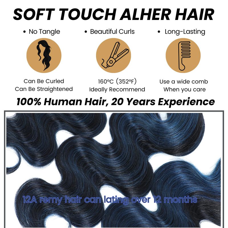ALHER Black Mix Blue Highlight Body Wave 4x4 Lace Closure, 12A #1B/Blue Colored Closure Free Part Pre Plucked with Baby Hair, 100% Virgin Remy Human Hair for Black Women 150% Density 10 Inch