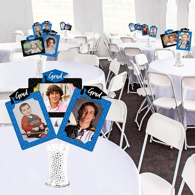 Blue Graduation Party Decoration, Photo Display Centerpiece Kit, 15 Double-Sided Photo Table Topper Sticks, Vertical and Horizontal 4x6 Picture Holders - Blue Grad
