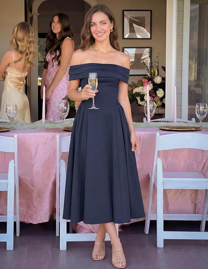 ZESICA Summer 2026 Cocktail Dresses for Women's Off Shoulder Short Sleeve Swing A Line Wedding Evening Party Midi Dress