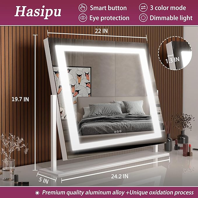 Hasipu Vanity Mirror with Lights, 24.2" x 19.7" LED Makeup Mirror, Light up Mirror with 10X Magnification and USB, Phone Holder, Smart Touch 3 Colors Dimmable, 360° Rotation (Right Angle White)