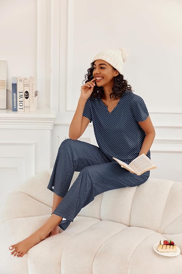Ekouaer 2 Piece Womens Pajamas V Neck Short Sleeve Top and Long Pants Pjs Print Lounge Set Sleepwear