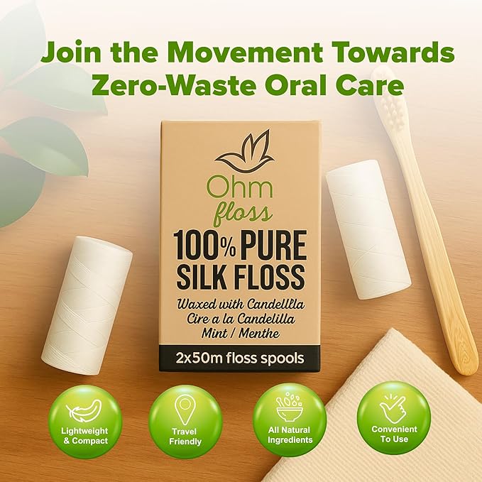 Ohm Earth’s Ohm Floss Refill – Natural Silk Dental Floss for Refillable Bamboo/Steel Holder, Candelilla Wax, 100% Compostable, Eco Oral Care, 109yds/100m (2-Pack) Natural Mint