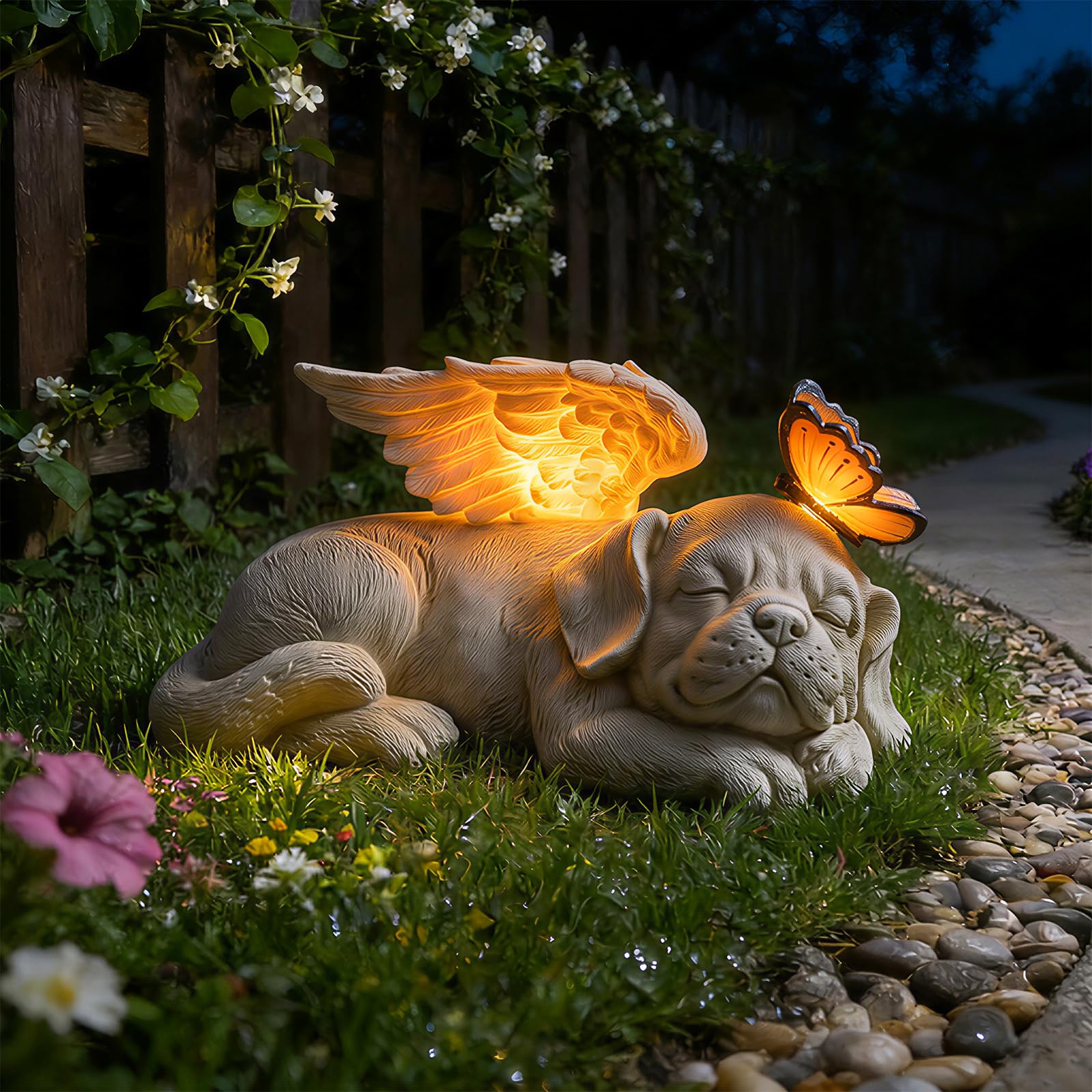 Sleeping Dog Angel Statue with Solar Light, Dog Memorial Garden Statue