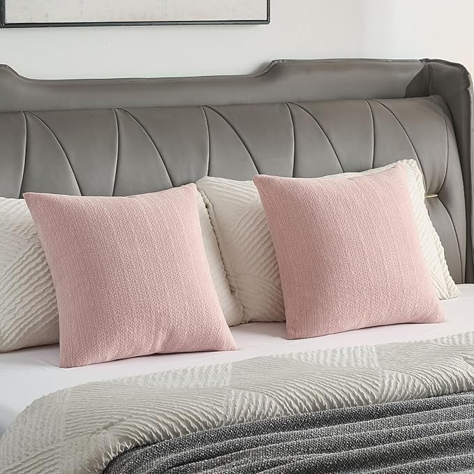 FUTEI Pink Chenille Throw Pillow Covers 20x20 Inch Set of 2,Soft Striped & Diamond Textured Cushion Cases,Modern Home Decor for Couch Living Room