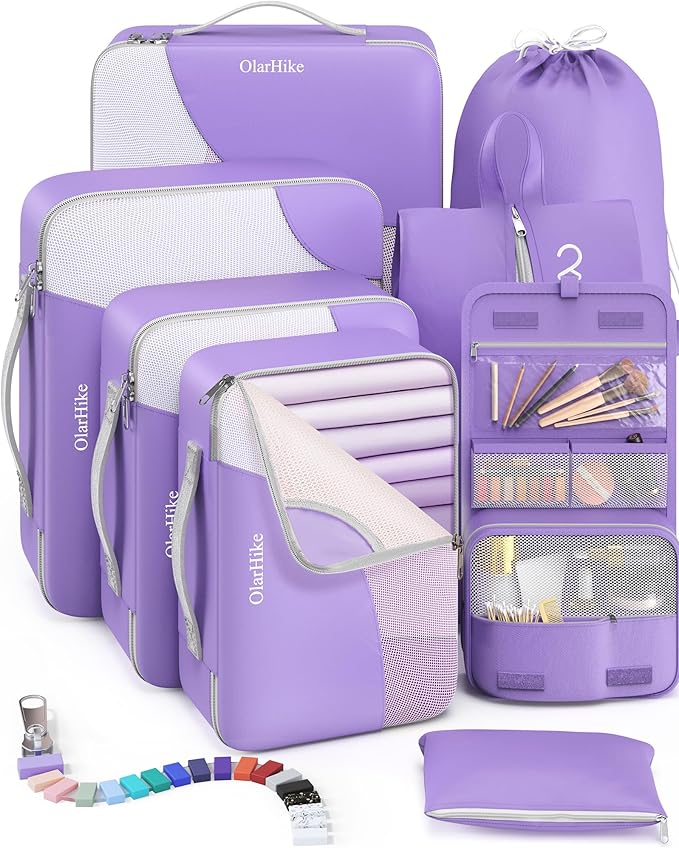 8 Set Packing Cubes for Travel, Gifts for Women Mom,Anti-Tearing Suitcase Organizer for Luggage with Shoe & Hanging Toiletry Bag,OlarHike Vacation Essentials & Accessories for Cruise Ship,Purple