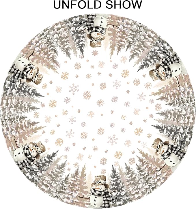 Christmas Round Tablecloth 70 Inch Xmas Snowman and Snowflake Pattern Circle Table Cloth Gold Table Cover Winter Washable Polyester Decor for Home Kitchen Dinning Party
