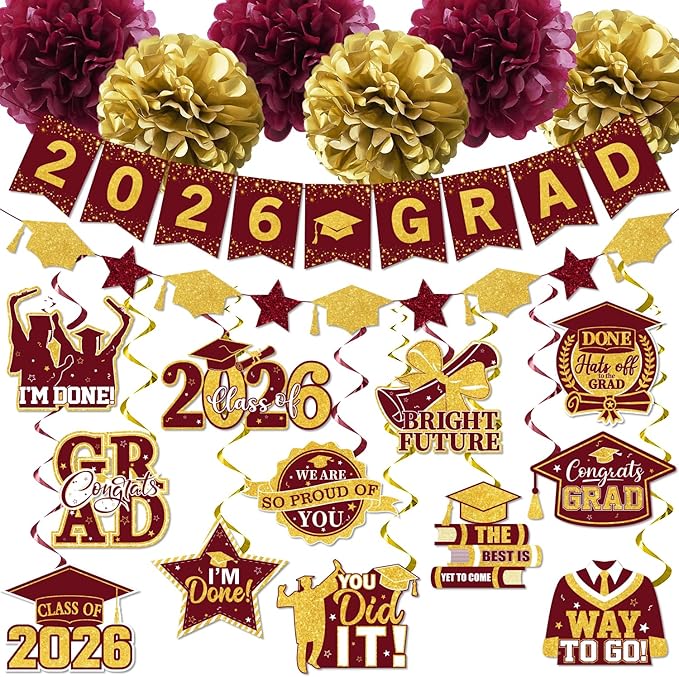 Maroon Graduation Decorations 2026, 2026 Grad Banner and Congrats Grad Hanging Swirls, Maroon and Gold Graduation Banner Graduations Hanging Swirls College Graduations Party Decorations Class of 2026