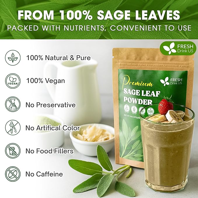 FreshDrinkUS, Sage Leaf Powder 16oz – Premium Culinary Herb, Pure Ground Sage Leaves for Cooking, Baking & Herbal Infusions – Resealable Pouch