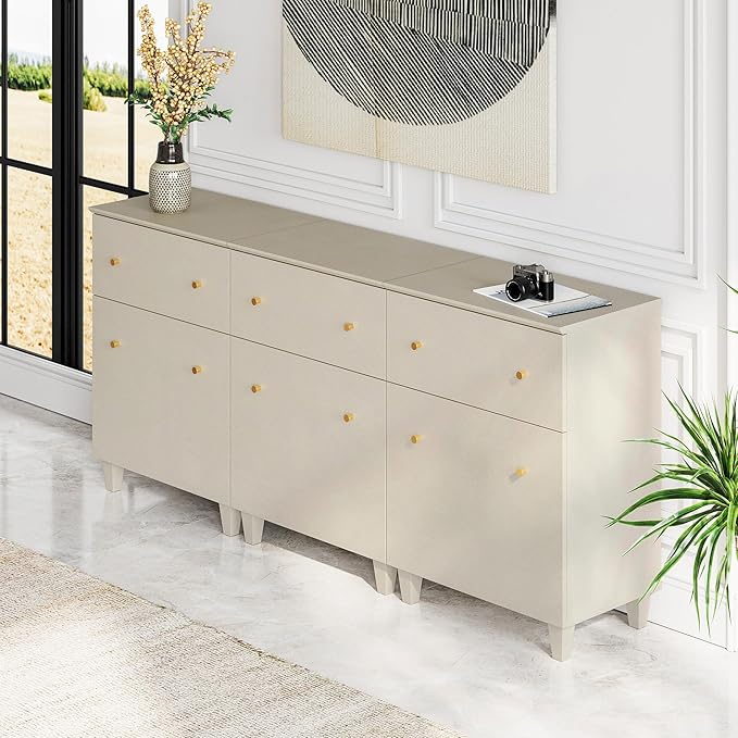 WAMPAT Set of 3 Storage Cabinets, 70.8" Kitchen Sideboards with Drawers and Doors, Modern Beige Coffee Bar Cabinets with Adjustable Shelves and Solid Legs for Living Room, Entryway, Hallway