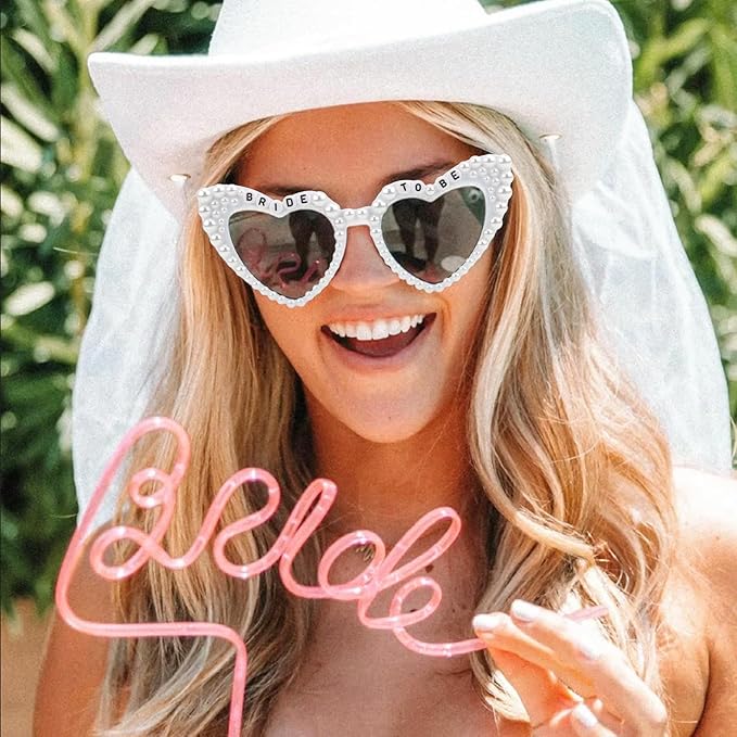 Bride to Be Set: Pearl-Trimmed Heart Sunglasses, Pearl BRIDE Sash & Tulle Veil - Bachelorette Party Bridal Accessories