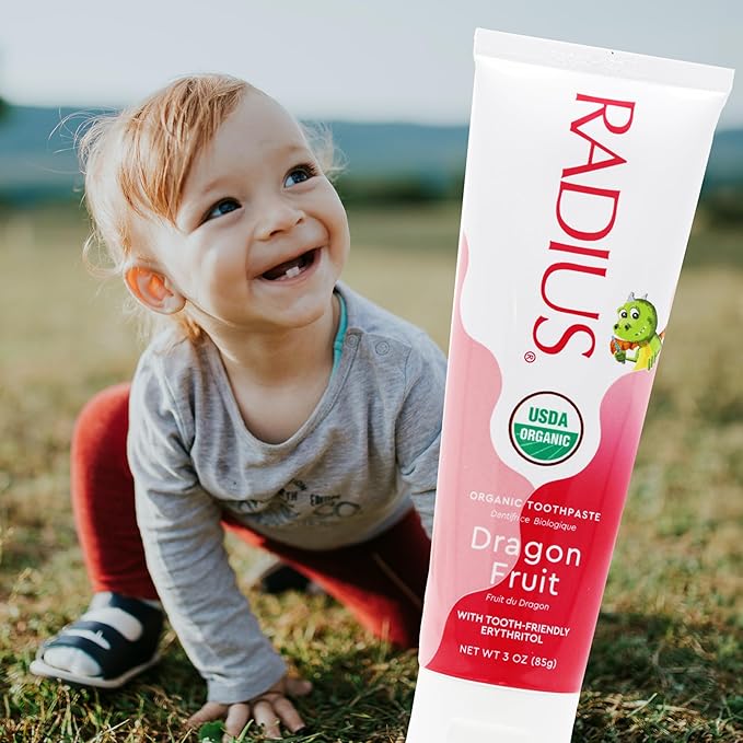 RADIUS USDA Organic Kids Toothpaste 3oz Non Toxic Chemical-Free Gluten-Free Designed to Improve Gum Health for Children's 6 Months and Up - Dragon Fruit - Pack of 3