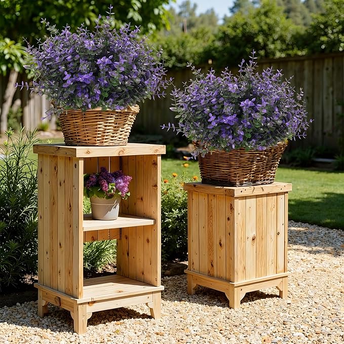 RECUTMS Fake Shrubs Flowers, 12 Bundles Faux Outdoor Plants UV Resistant Artificial Greenery Eucalyptus Flowers Boxwood Springs Fake Plants Indoor Outside Hanging Planter Home Garden Decor (Purple)