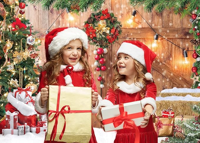 CYLYH 10x8FT Christmas Barn Wood Door Photography Backdrop Xmas Tree Snow Gift Wall Floor Party Photo Background for Holiday New Year Party Banner Family Holiday Party Supplies D554
