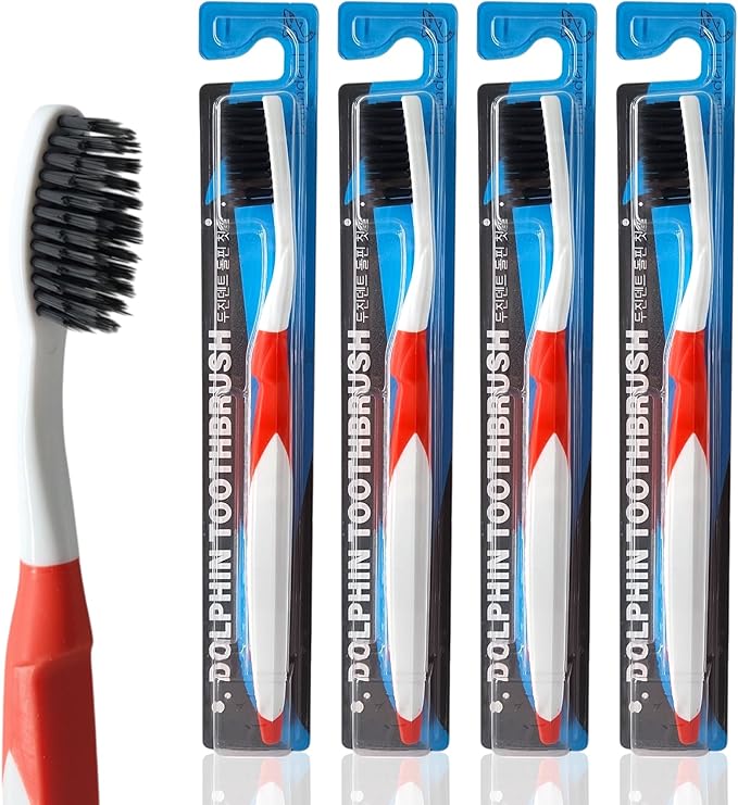 Dolphin Charcoal Toothbrush Extra Soft Bristle Manual Soft Long Flossing, Ultra Clean Toothbrush, Good for Sensitive Teeth and Gums (Red, Charcoal 4 Packs)