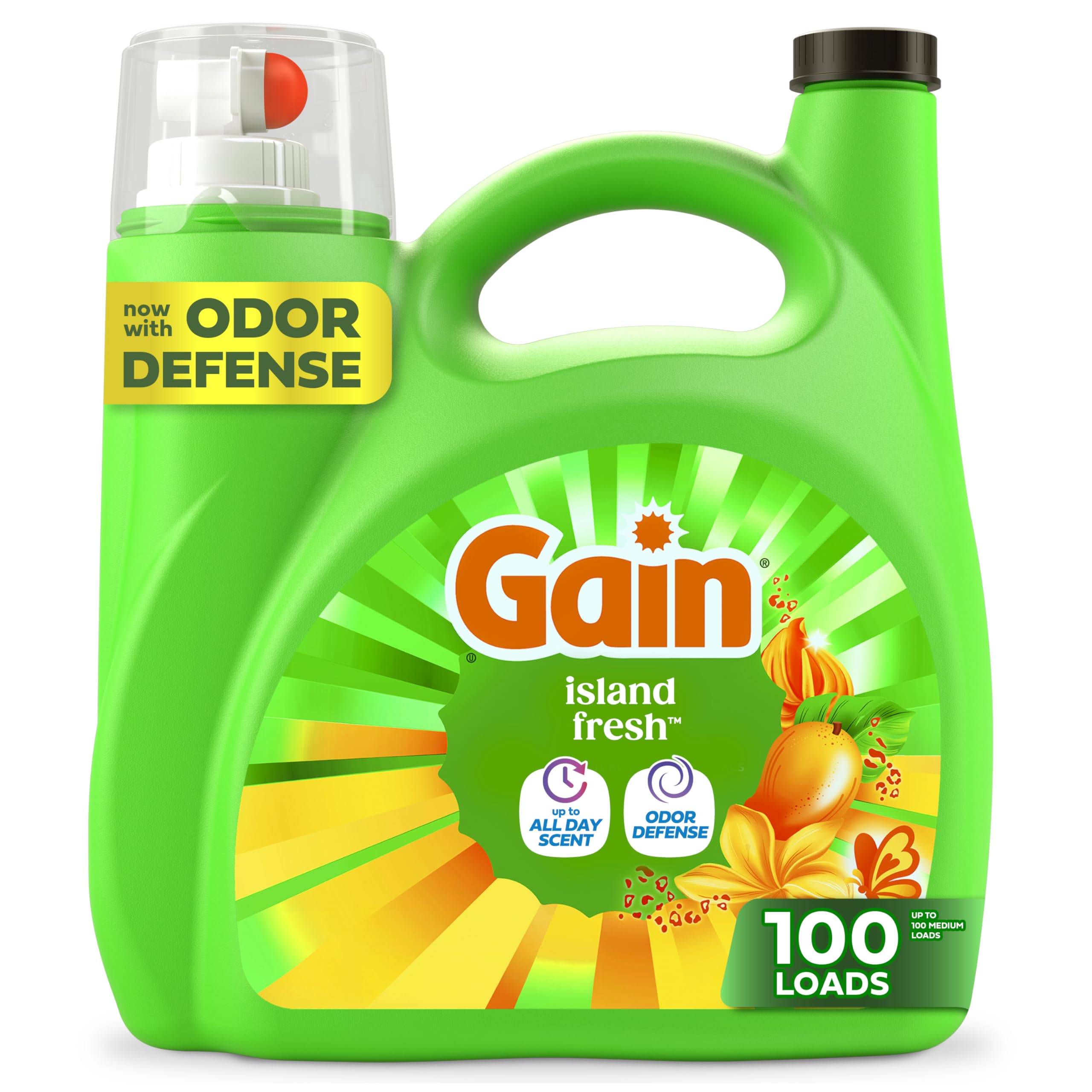Gain Liquid Laundry Detergent, With Odor Defense, Island Fresh Scent, Laundry Soap For HE Washing Machines, 132 fl oz, 100 Loads (Packaging May Vary)