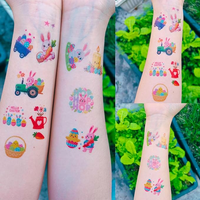 160PCS Easter Day Temporary Tattoos Stickers | Spring Easter Day Party Favors Basket Stuffers Party Supplies Holiday Decorations Eggs Bunny Flower Craft Gift Idea For Kids Boy Girl Teen Adult-8Sheets