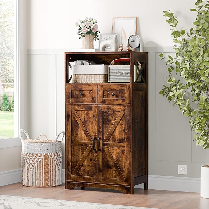 SUPER DEAL Farmhouse Storage Cabinet, Bathroom Floor Cabinet Kitchen Pantry with Doors and Drawers, Hutch Cupboard for Laundry, Living Room, Bedroom, Rustic Brown