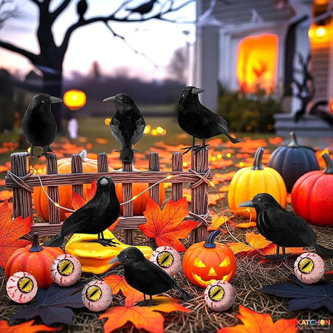 KatchOn, Black Crows with Eyes Halloween Decorations – Pack of 12 | Realistic Feathered Crows for Indoor Outdoor Halloween Decor | Scary Raven Decorations for Haunted House