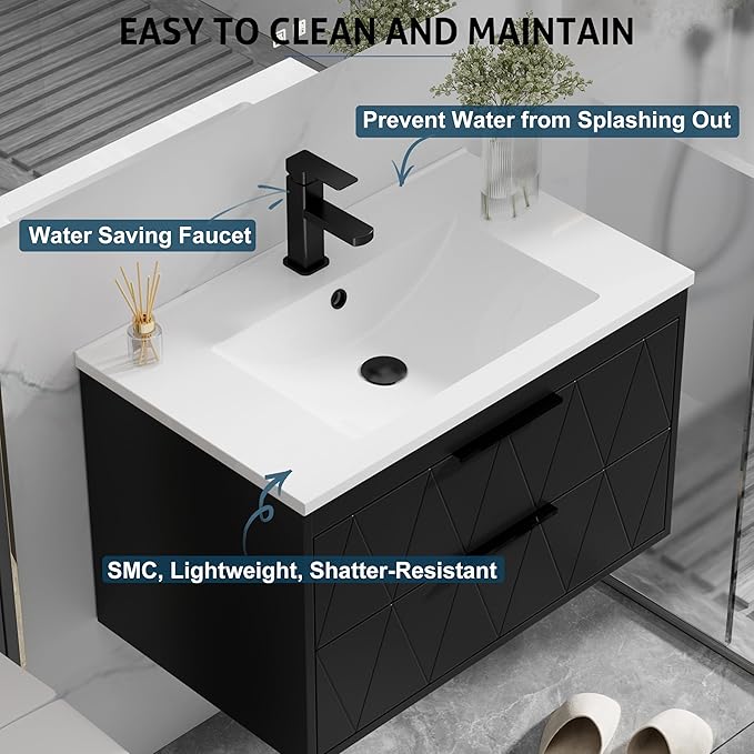 eclife 30" Bathroom Vanities Cabinet with Sink Combo, Wall Mounted Floating Cabinet W/Decor Line, Soft-Close System, 2 Extra Big Drawers, Matte Black Faucet, Black