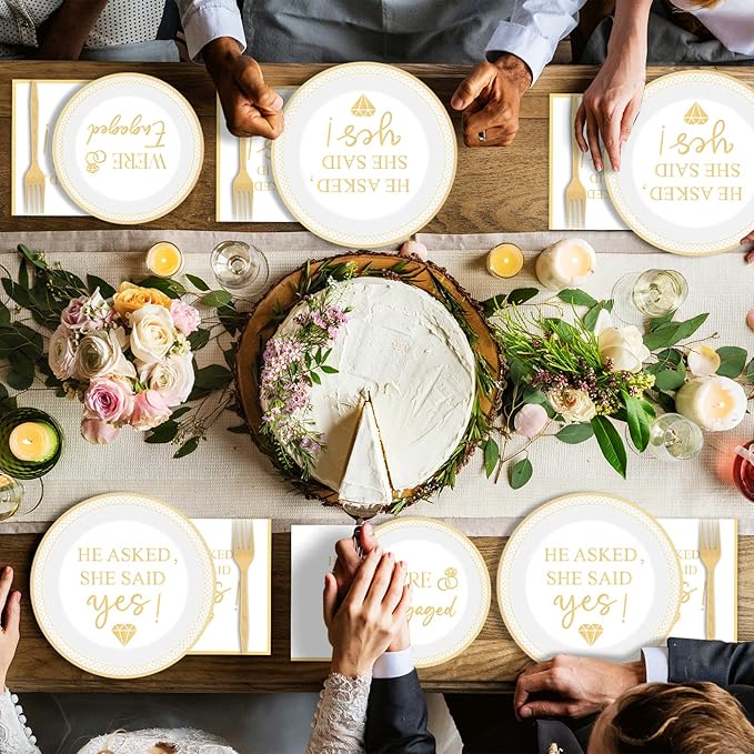200Pcs Happy Engagement Party Supplies Engagement Paper Plates Napkins She Said Yes Party Tableware Set She Said Yes Disposable Dinnerware for Wedding Birthday Bridal Shower Decoration Serve 50
