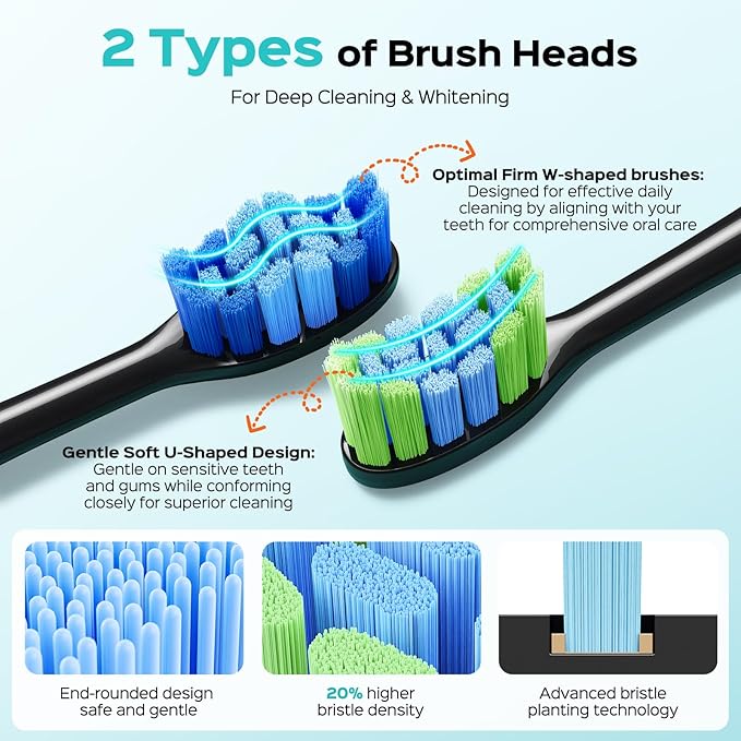 COSLUS Sonic Electric Toothbrush for Adults & Kids: 3 Intensities & 5 Modes Gum-Friendly for Deep Cleaning & Whitening - 2 Types of Heads for Family, Sensitive Teeth, Brace, Black & Green, 2PCS