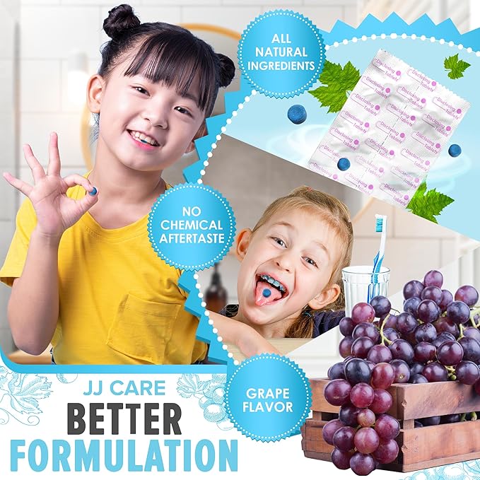 JJ Care Disclosing Tablets for Kids - 60 Count, Individually Wrapped Plaque Disclosing Tablets for Kids Brushing Teeth, Grape Flavored Plaque Remover, Dental Care for Teeth Brushing