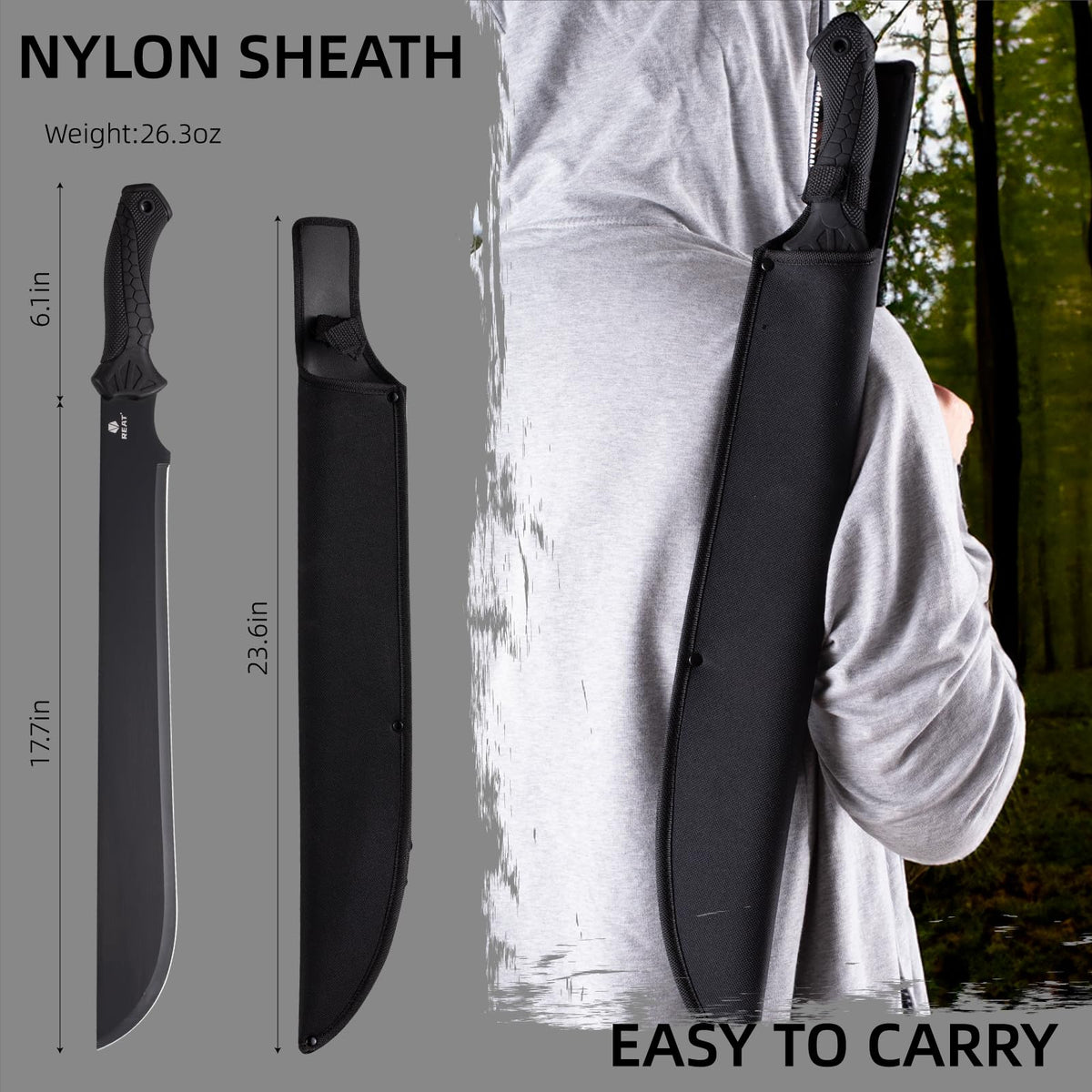 REAT Machete Heavy Duty with Sheath,24-inch Full Tang 420 Stainless Steel Blade,Non-silp Rubber Handle for Yard Work, Cutting Trees,Camping,Outdoor (Black)