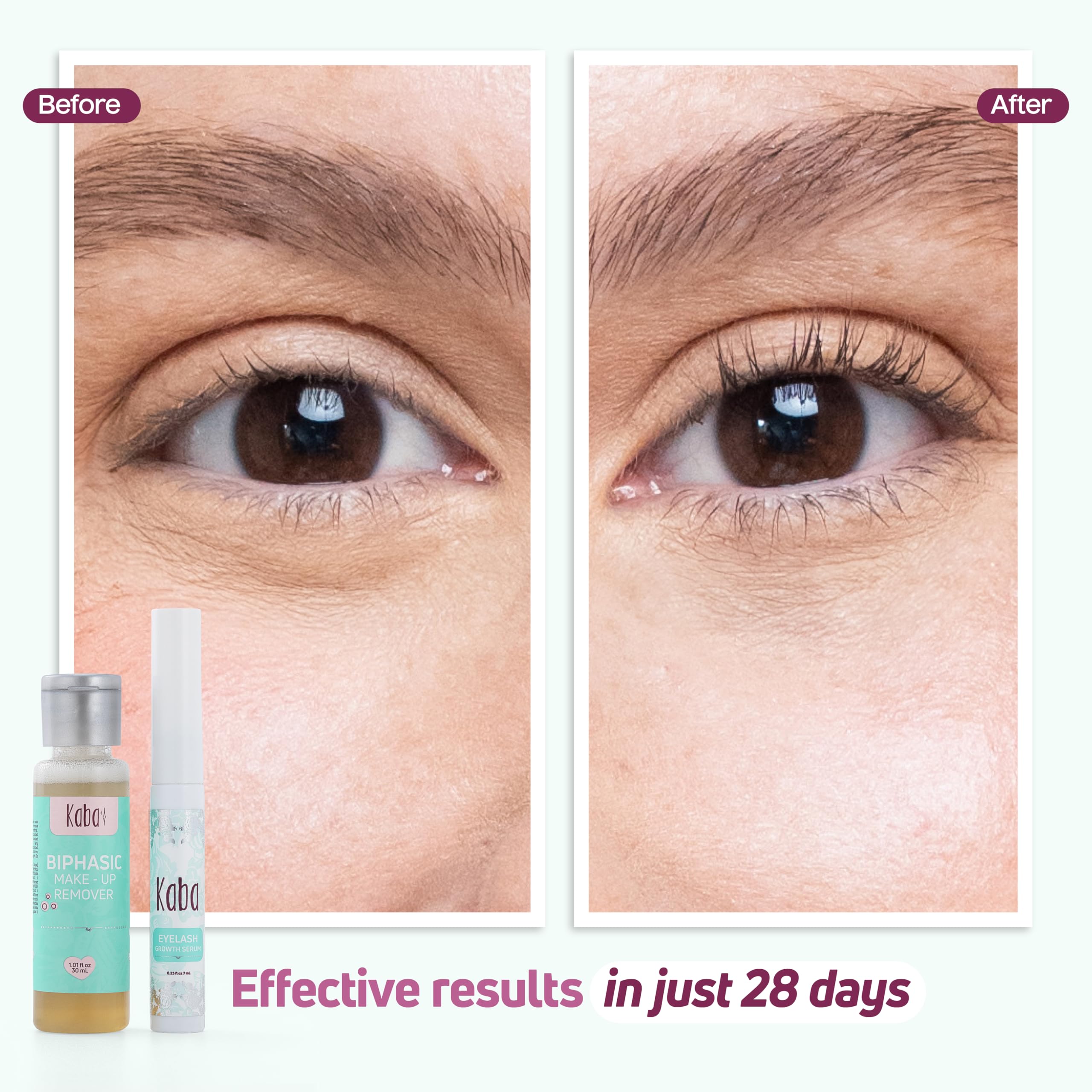 Kaba Eyelash Growth Serum for Longer, Thicker & Stronger Eyelashes with Essential Oils. Dermatologist Tested. Includes Makeup Remover Oil - Improved Formula