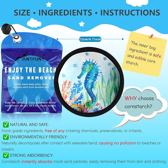 Sand Remover for Beach Cleaner Eraser Family Women Wipe Off Mitt Duster Brush Cup Holder Game Toy Cruise Ship Accessories Vacation Must Have Hawaii Trip Essential Honeymoon Gift Sea Horse Towel