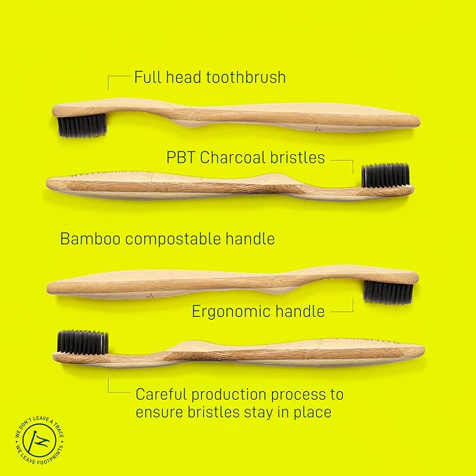 Bamboo Toothbrushes with Soft Charcoal Bristles 1 Unit - Ergonomic Handle Wooden Toothbrushes - Eco Friendly, Low Waste and Biodegradable Toothbrushes