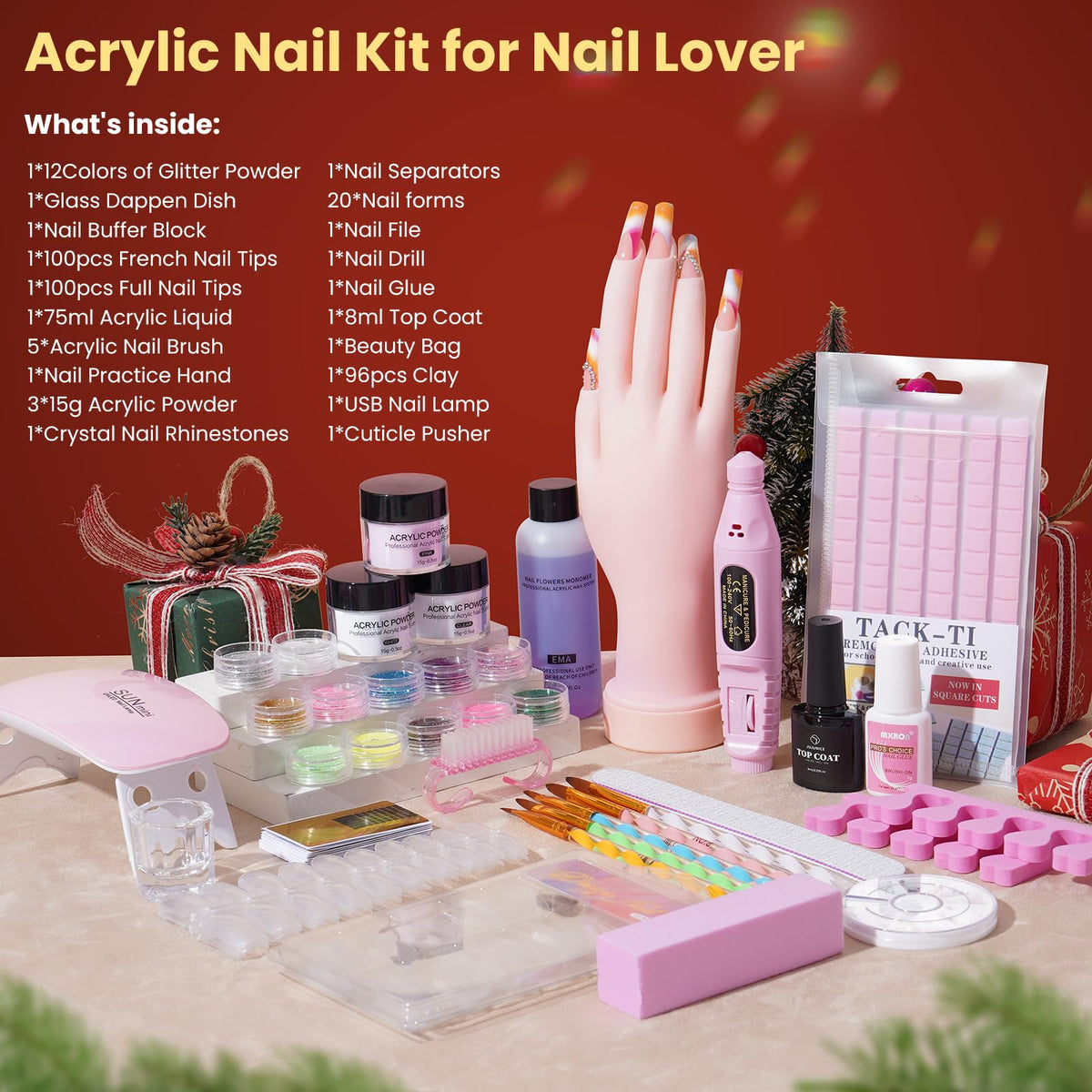 Nail Kit for Beginners with Everything: Practice Hand Acrylic Nail Set Professional Powder Drill Liquid Starter Kits with U V Lamp in Cosmetic Gift Bag for Women Salon Home (Sliver)