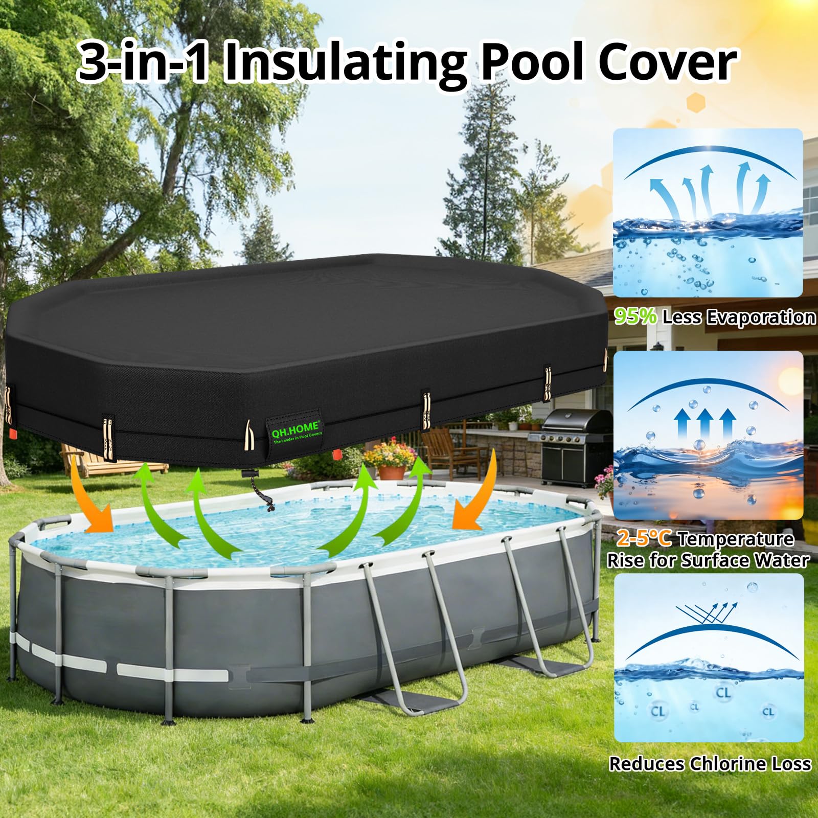 QH.HOME 550D 8.2x14 Ft Oval Pool Cover [Upgraded Tear Resistant&Quadruple Windpoof] wth Pre-Installed Patented Winch and Rope, Pool Covers for Above Ground Pools Oval-Snug Fit & Waterproof Protection