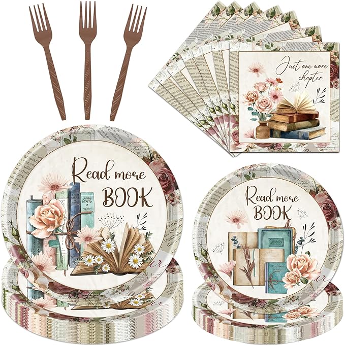 Rakuto Book Themed Party Decorations, 96PCS Vintage Book Club Paper Plates and Napkins Birthday Decoration, Reading Library Bookworm Forks Decor Supplies for Birthday Baby Shower Serve 24