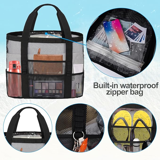 Mesh Beach Bags for Family - Women Beach Tote Bag for Toys, Towels, Travel Vacation Cruise Essentials