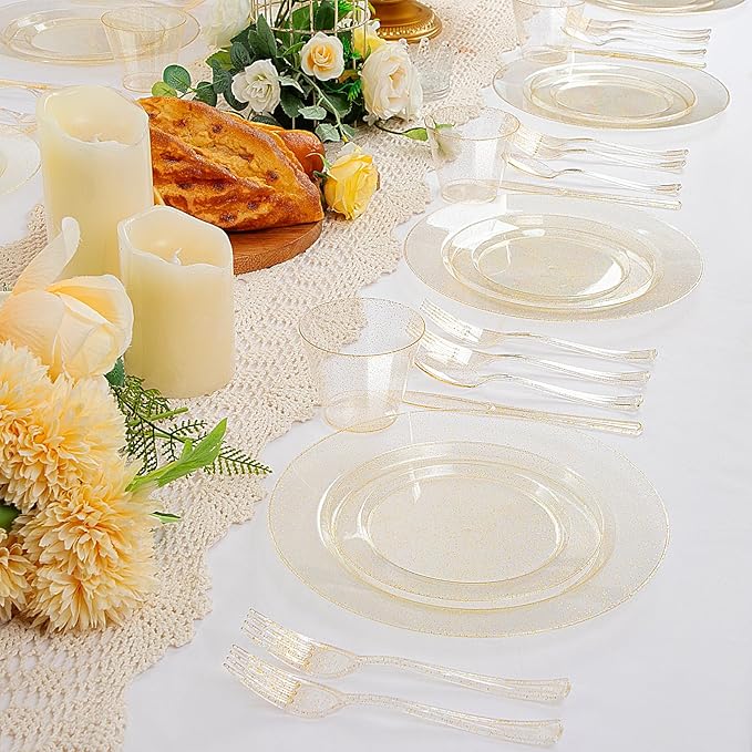 WELLIFE 600 PCS Gold Glitter Disposable Dinnerware Set for 100 Guests, Plastic Plates for Party, Including 100 Dinner Plates, 100 Salad Plates,Cups,Silverware Set for Wedding and Party Supplies