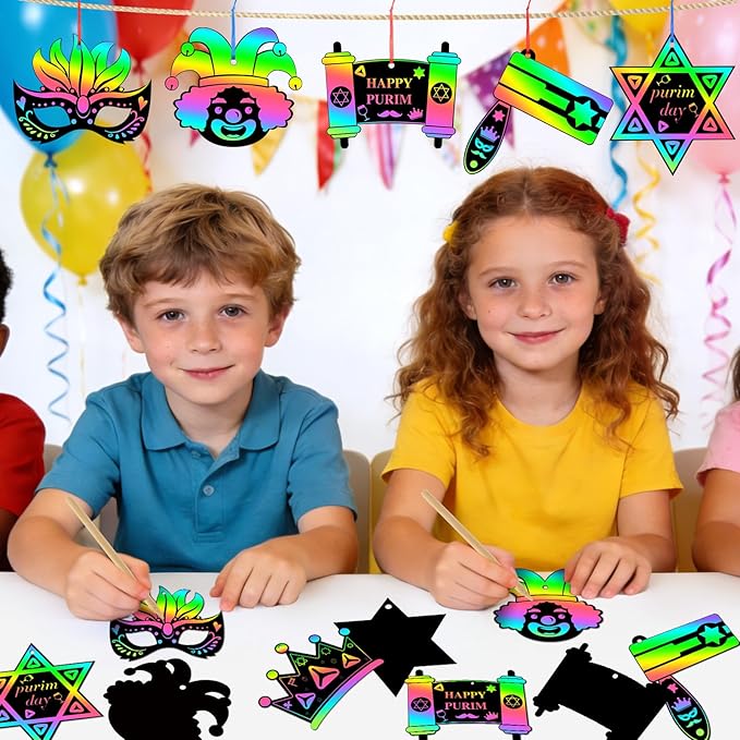 JULMELON 36PCS Purim Day Scratch Cards, Jewish Holiday Magic Color Rainbow Paper Purim Crafts for Kids DIY Art Painting Project Supplies for Purim Decorations School Classroom Activities