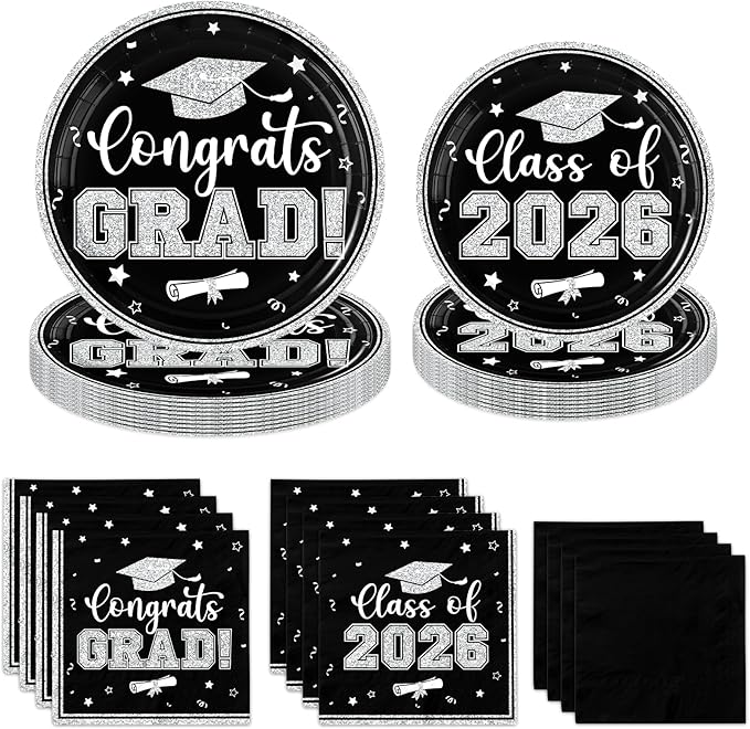 Graduation Plates and Napkins 2026,Black and Silver Graduation Decorations 200pcs Graduation Paper Plates and Napkins Graduation Party Supplies for Graduation Party Decorations,Serve 50