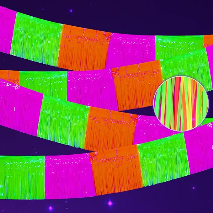 Mega-L Glow in The Dark Party Supplies, 4 Pack Foil Fringe Garland Birthday Party Decorations 9.8 ft Fluorescent Macaron Orange, Yellow and Fuchsia Metallic Tinsel Banner, Photo Booth Prop Table Skirt