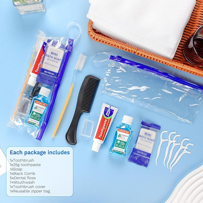 Xuezoioy Personal Hygiene Kit Bulk Pack of 30,Yellow Basic Travel Toiletry Set Disposable Toothbrushes with Toothpaste Mouthwash Floss Comb Cover and Zip Bag for Homeless,Charity,Guests