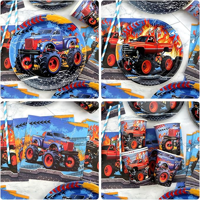 Monster Trucks Birthday Decorations - Monster Trucks Party Supplies including Plates, Cups, Napkins, Tablecloths for Boys - Serves 20 (6-20)