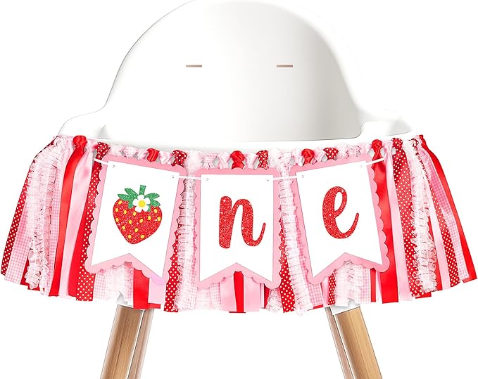 Berry First Birthday High Chair Banner One High Chair Banner Girl Photo Backdrop First Birthday Decorations for Girl Wall Hanging Decorations for Kids Bedroom, Red/Pink