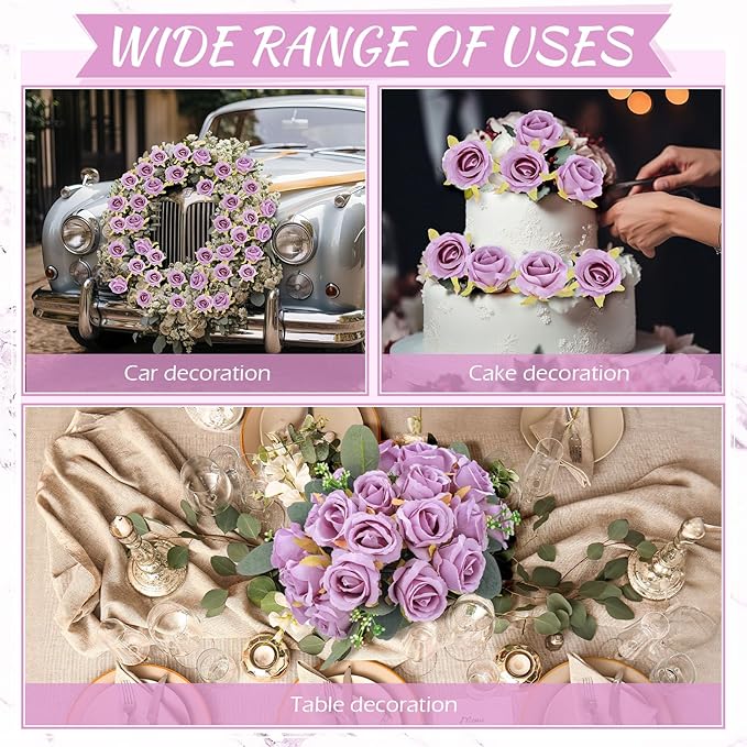 Zeyune 12 Bunches Wedding Bridesmaids Bouquets 144 Heads 7 Inch Artificial Rose Bouquets Silk Fake Flower Bulk with Stems for Valentine's Day Wedding Bridal Shower Home Party Decor(Purple)