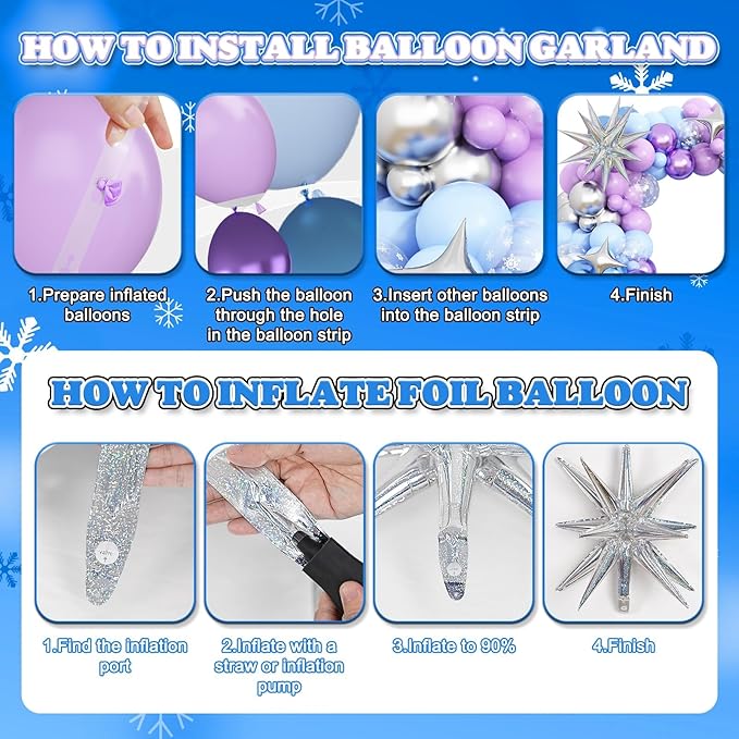 Snow 2nd Birthday Decorations Girl, Snowflake Balloon Garland Arch Kit, Laser Explosion Star Balloons, Silver Number 2 Balloon Tower for Baby Shower Girls 2nd Snow Theme Party Supplies