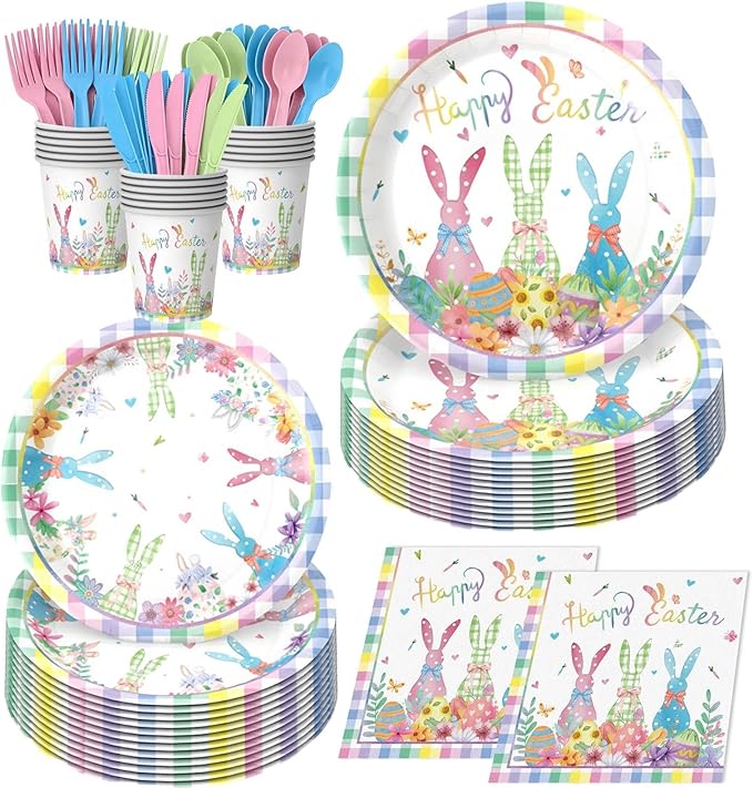 112 PCS Easter Day Party Disposable Set for 16 Guests - Complete 9'' & 7'' Paper Plates, Napkins, Cups, Knives, Forks & Spoons | Perfect for Easter Brunch, Spring Picnic, Holiday,Birthday