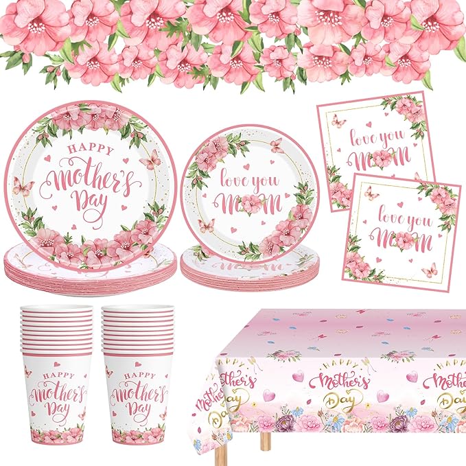 81 Pcs Happy Mothers Day Decorations Set, Includes Happy Mothers Day Dinner Paper Plates, Love You Mon Dessert Plates Napkins, Pink Tablecloth and Cups for Mother Days Party Supplies, Serves 20