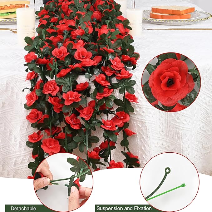 MARTINE MALL Rose Flower Garland, 5 Strands 41Ft Vines for Room Decor, Red Rose Floral Garland for Birthday, Wedding & Party