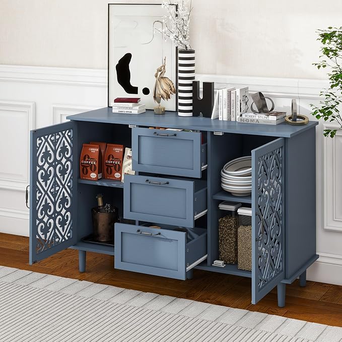 Sideboard Buffet Cabinet with Storage - Accent Storage Cabinet American Furniture, Modern 2 Door 3 Drawer Cabinet, Farmhouse Wood Credenza for Living Room, Dining Room, Entryway (Blue)