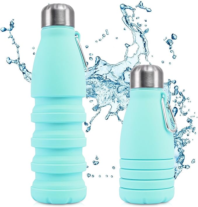 Foldable Drinking Bottle - BPA-free, leak-proof - Ideal festival accessory and practical outdoor companion with carabiner (Turquoise)